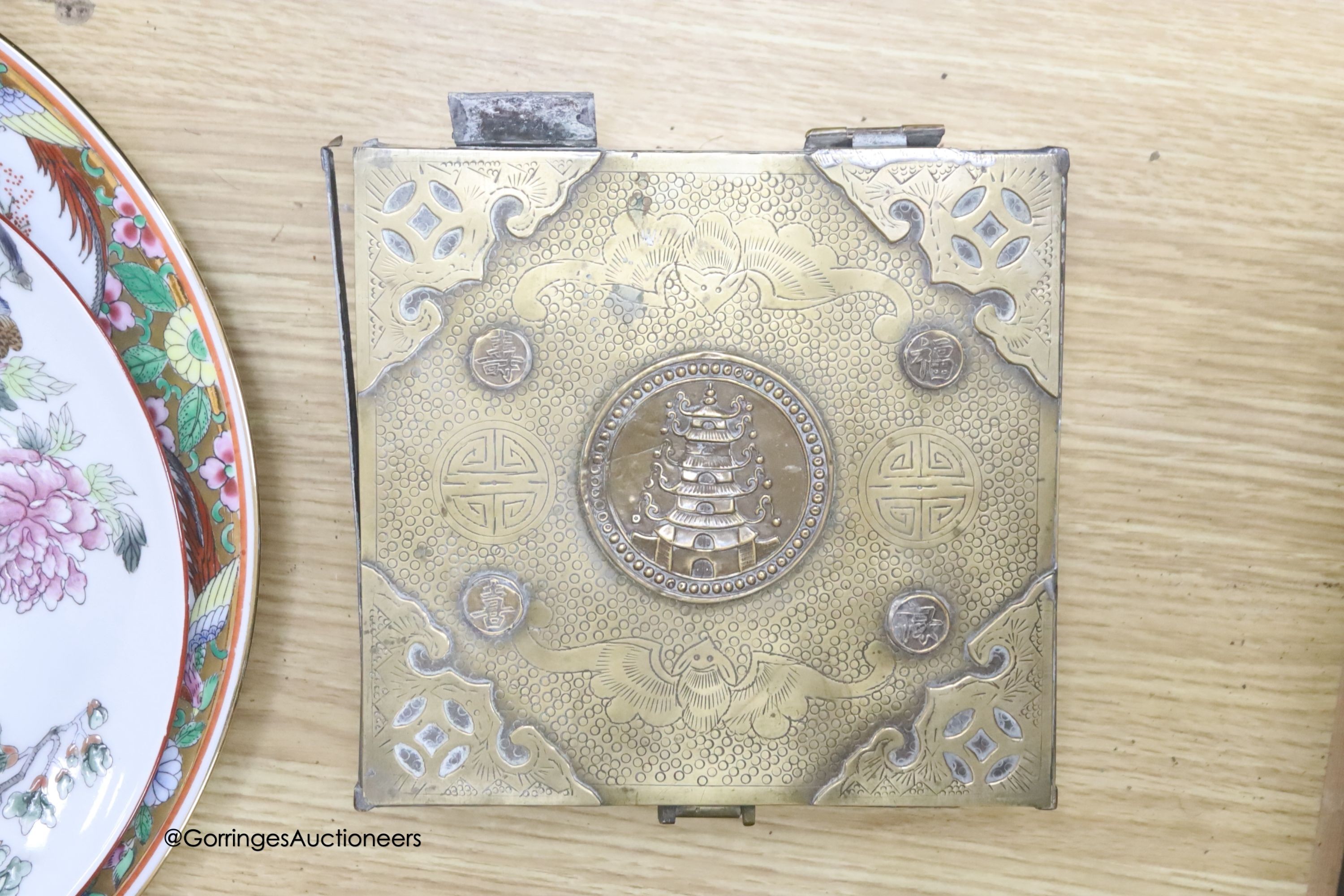 A group of Chinese porcelain figures, dishes, vases, etc. and a brass box